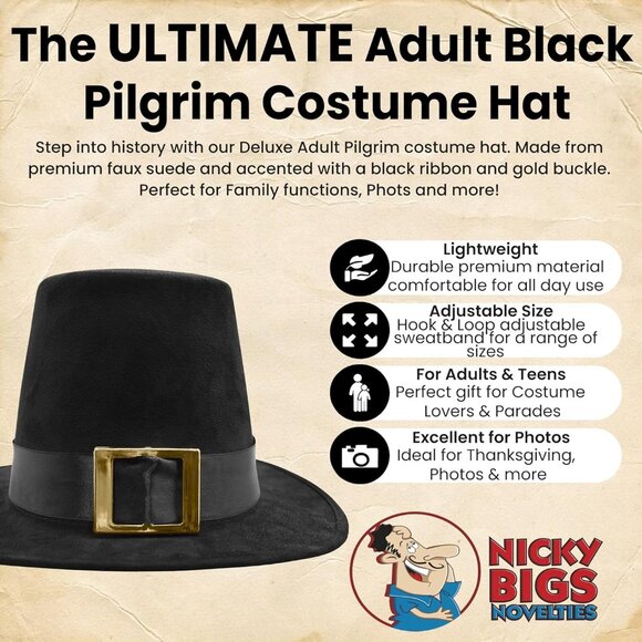 Deluxe Adult Black Pilgrim Hat with Gold Buckle Faux Suede Thanksgiving Turkey D - Picture 2 of 7